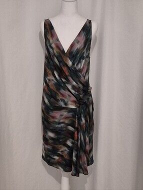 RACHEL Rachel Roy Ruched V-Neck Abstract Brushstroke Dress in Teal, Mauve & Rust